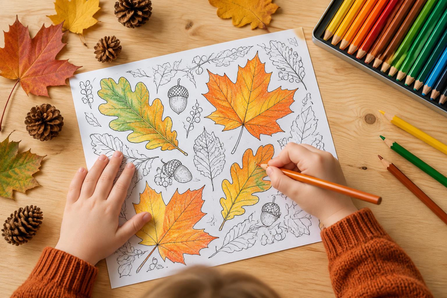 Kinderhanden kleuren herfstbladeren met oranje kleurpotlood